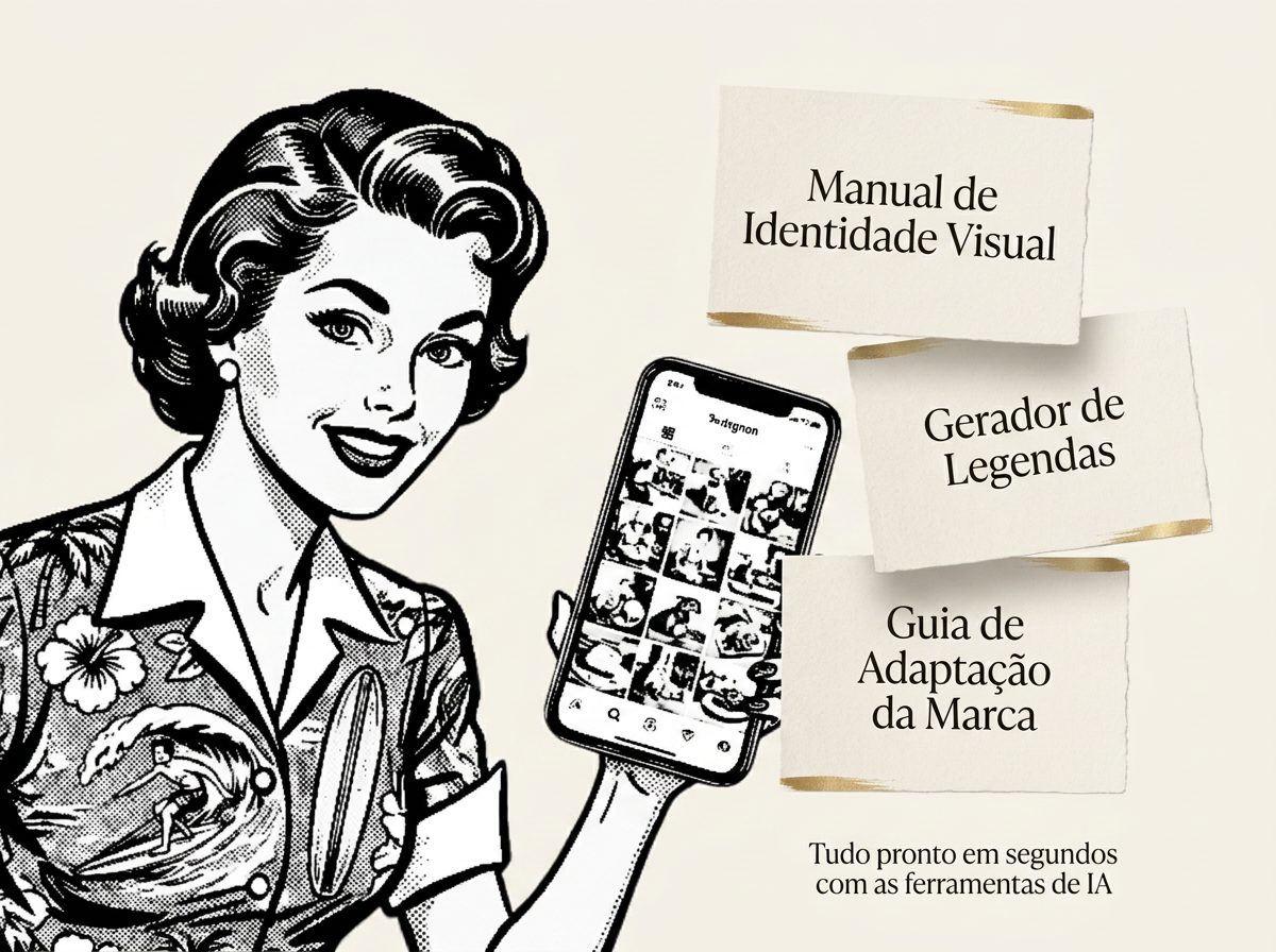 Boneca DONAPOST ao lado das ferramentas de IA: manual de identidade visual, gerador de legendas e guia de adaptação da marca